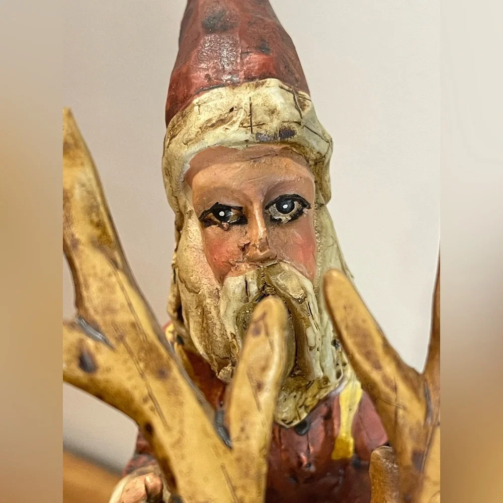 Primitive Folk Art Santa riding Reindeer 12”‎ tall chiseled resin faux wood
